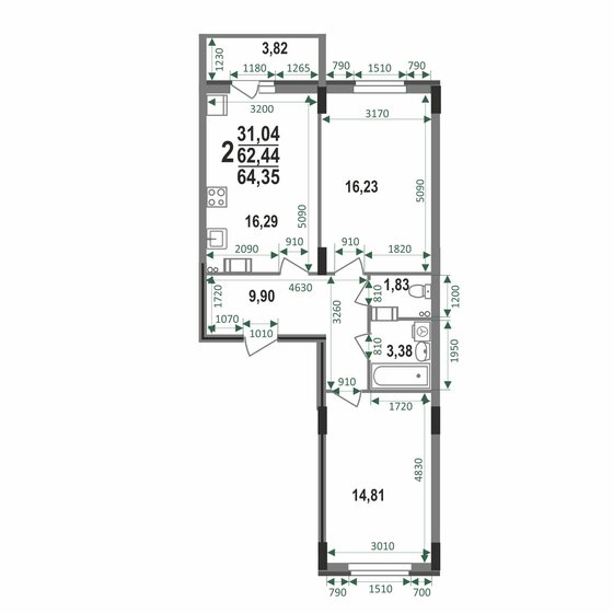 58,4 м², 2-комнатная квартира 7 012 800 ₽ - изображение 29