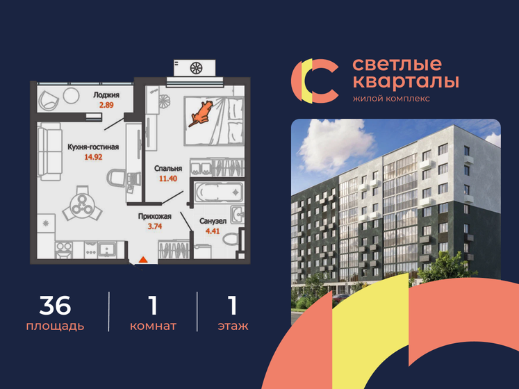 32 м², 1-комнатная квартира 4 121 280 ₽ - изображение 36