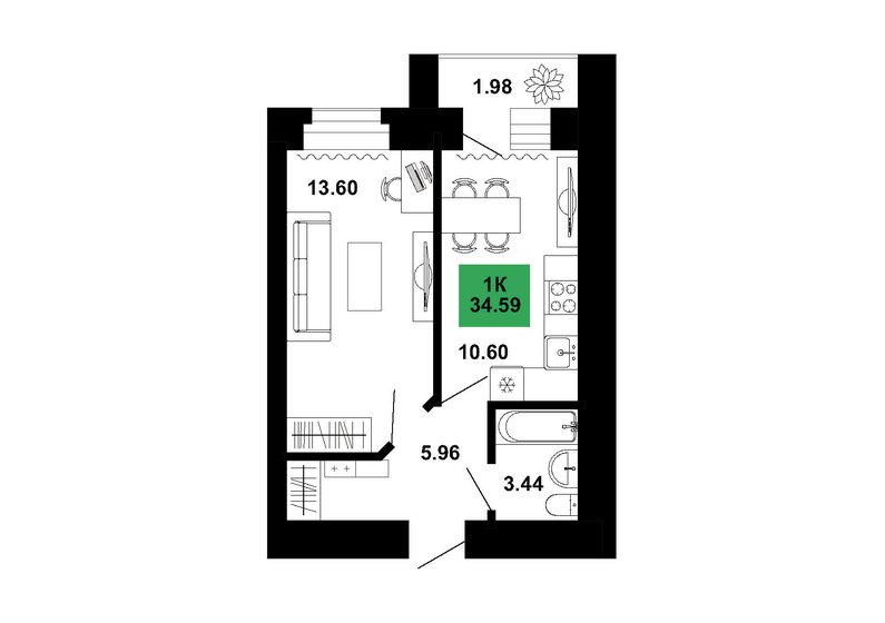 34,6 м², 1-комнатная квартира 4 376 949 ₽ - изображение 1