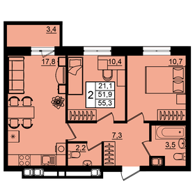Квартира 55,3 м², 2-комнатная - изображение 1