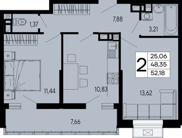Квартира 52,2 м², 2-комнатная - изображение 1