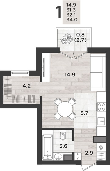 32 м², 1-комнатная квартира 4 374 400 ₽ - изображение 31