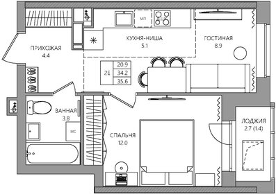 Квартира 35,6 м², 2-комнатная - изображение 1