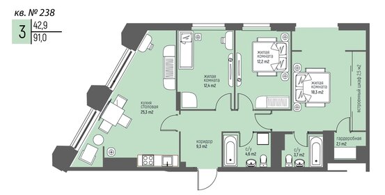 Квартира 91 м², 3-комнатная - изображение 1