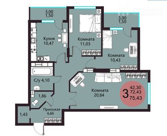 Квартира 75,4 м², 3-комнатная - изображение 1