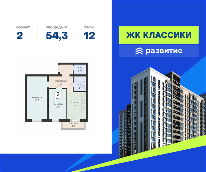 54,3 м², 2-комнатная квартира 6 135 900 ₽ - изображение 15