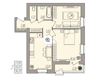Квартира 56,4 м², 2-комнатная - изображение 1