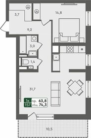 Квартира 74,3 м², 1-комнатная - изображение 1