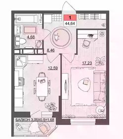 Квартира 44,6 м², 1-комнатная - изображение 1