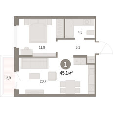 Квартира 45,1 м², 1-комнатная - изображение 3