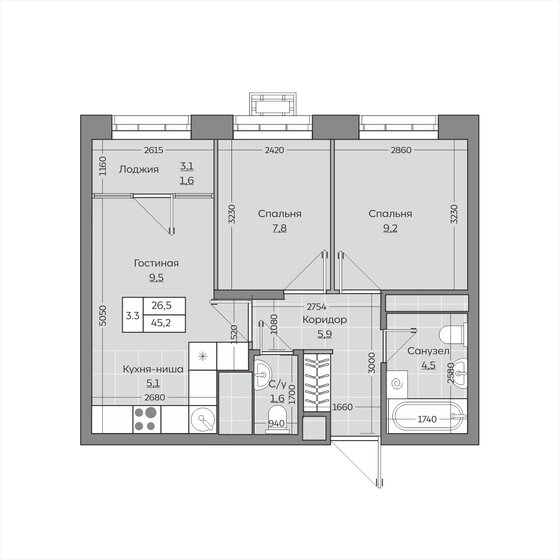 45,2 м², 3-комнатная квартира 10 236 000 ₽ - изображение 44