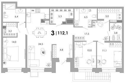 Квартира 112,1 м², 3-комнатная - изображение 1