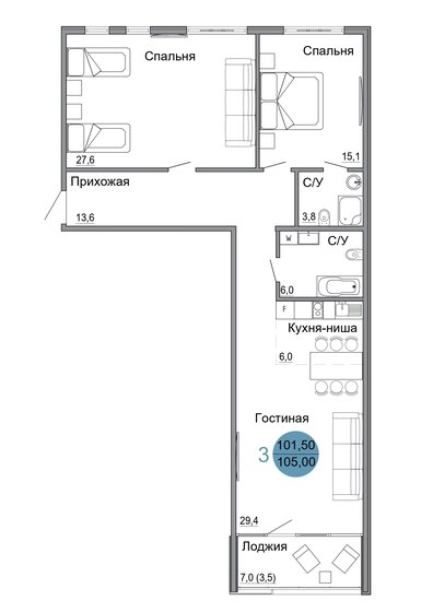 105,2 м², 3-комнатная квартира 15 780 000 ₽ - изображение 18