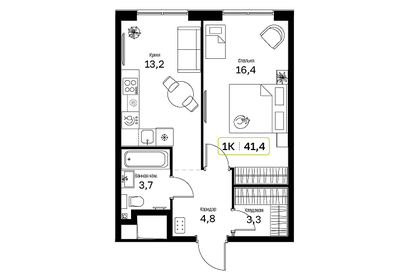 Квартира 41 м², 1-комнатная - изображение 1