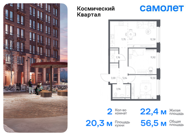 Квартира 56,5 м², 2-комнатная - изображение 1