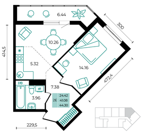 Квартира 44,3 м², 2-комнатная - изображение 1