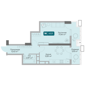 Квартира 43,3 м², 1-комнатная - изображение 1
