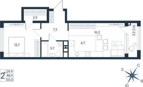 Квартира 50 м², 2-комнатная - изображение 1