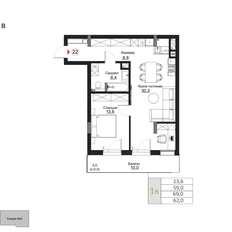 Квартира 62 м², 1-комнатная - изображение 2