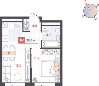 Квартира 38,1 м², 1-комнатная - изображение 1