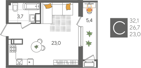 Квартира 32,1 м², студия - изображение 2