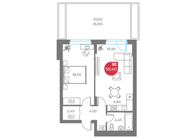 Квартира 59,4 м², 2-комнатная - изображение 1