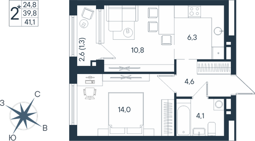 Квартира 41,1 м², 2-комнатная - изображение 1