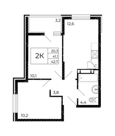 Квартира 42,7 м², 2-комнатная - изображение 1