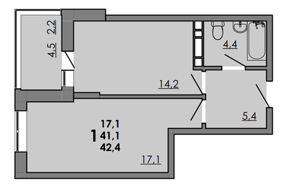 Квартира 42,4 м², 1-комнатная - изображение 1