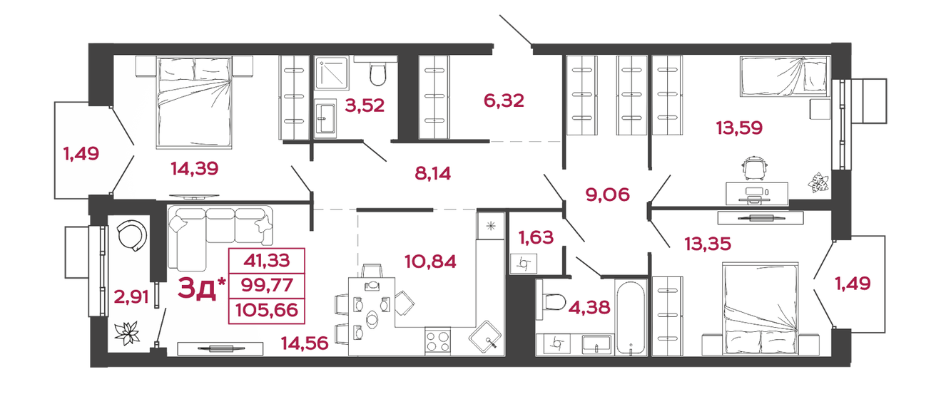 129,8 м², 3-комнатная квартира 15 578 400 ₽ - изображение 11