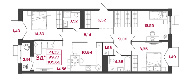 Квартира 105,7 м², 3-комнатная - изображение 1