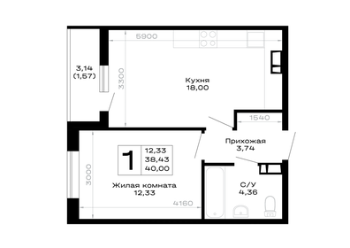 Квартира 40 м², 1-комнатная - изображение 1