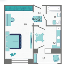 Квартира 42 м², 1-комнатная - изображение 2
