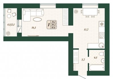 Квартира 39,5 м², 1-комнатная - изображение 1
