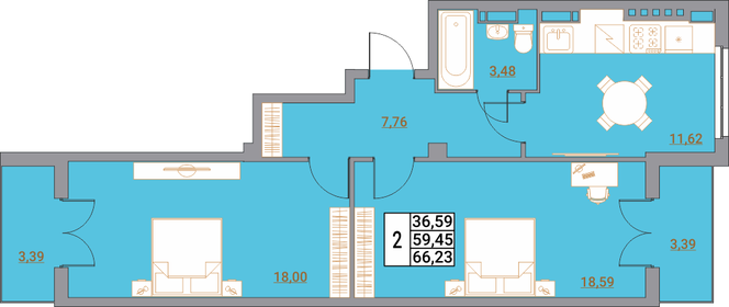 Квартира 66,4 м², 2-комнатная - изображение 1