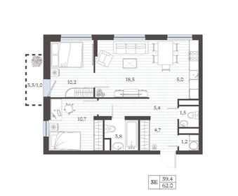 Квартира 62 м², 3-комнатная - изображение 1