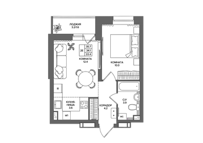 Квартира 35,7 м², 2-комнатная - изображение 1