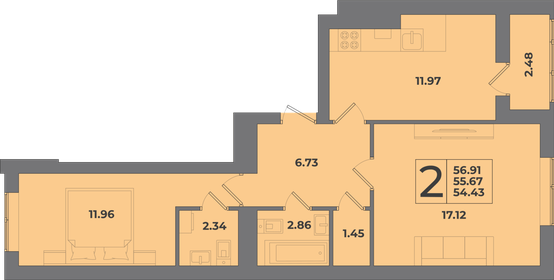 Квартира 56,9 м², 2-комнатная - изображение 1