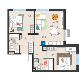 Квартира 62,9 м², 2-комнатная - изображение 1