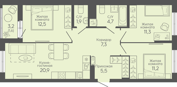 Квартира 76,9 м², 3-комнатная - изображение 1