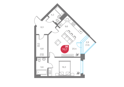 Квартира 70,7 м², 2-комнатная - изображение 1