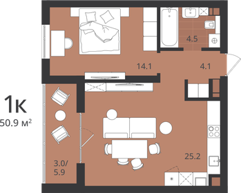 Квартира 50,9 м², 1-комнатная - изображение 1
