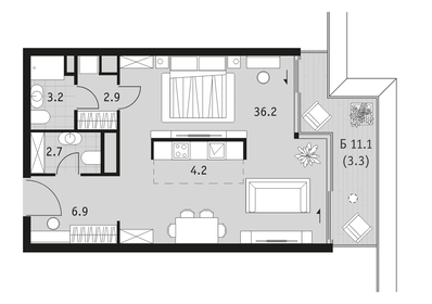Квартира 59,4 м², 1-комнатная - изображение 1