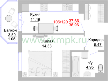 Квартира 40,9 м², 1-комнатные - изображение 1