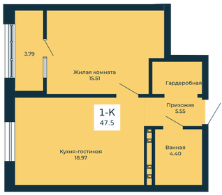 Квартира 47,5 м², 1-комнатная - изображение 1
