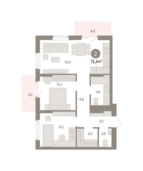 70 м², 2-комнатная квартира 11 000 000 ₽ - изображение 95