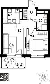 Квартира 37,7 м², 2-комнатная - изображение 1