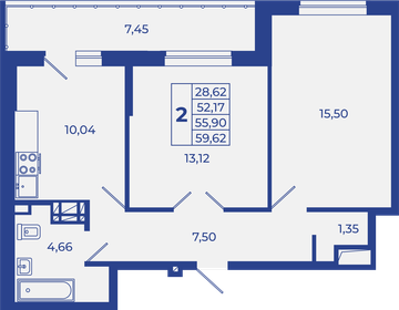 Квартира 59,6 м², 2-комнатная - изображение 1