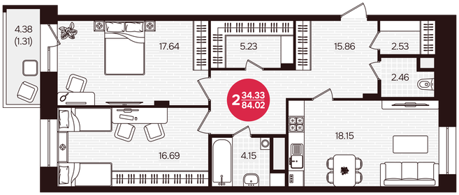 Квартира 84 м², 2-комнатная - изображение 2