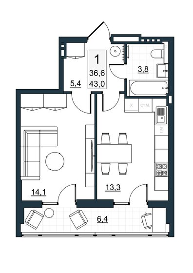 37,1 м², 1-комнатная квартира 5 387 200 ₽ - изображение 49